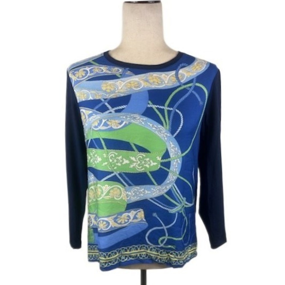 J.McLaughlin Women's Blue Nautical Silk Blend Long Sleeve Top Blouse Size Medium